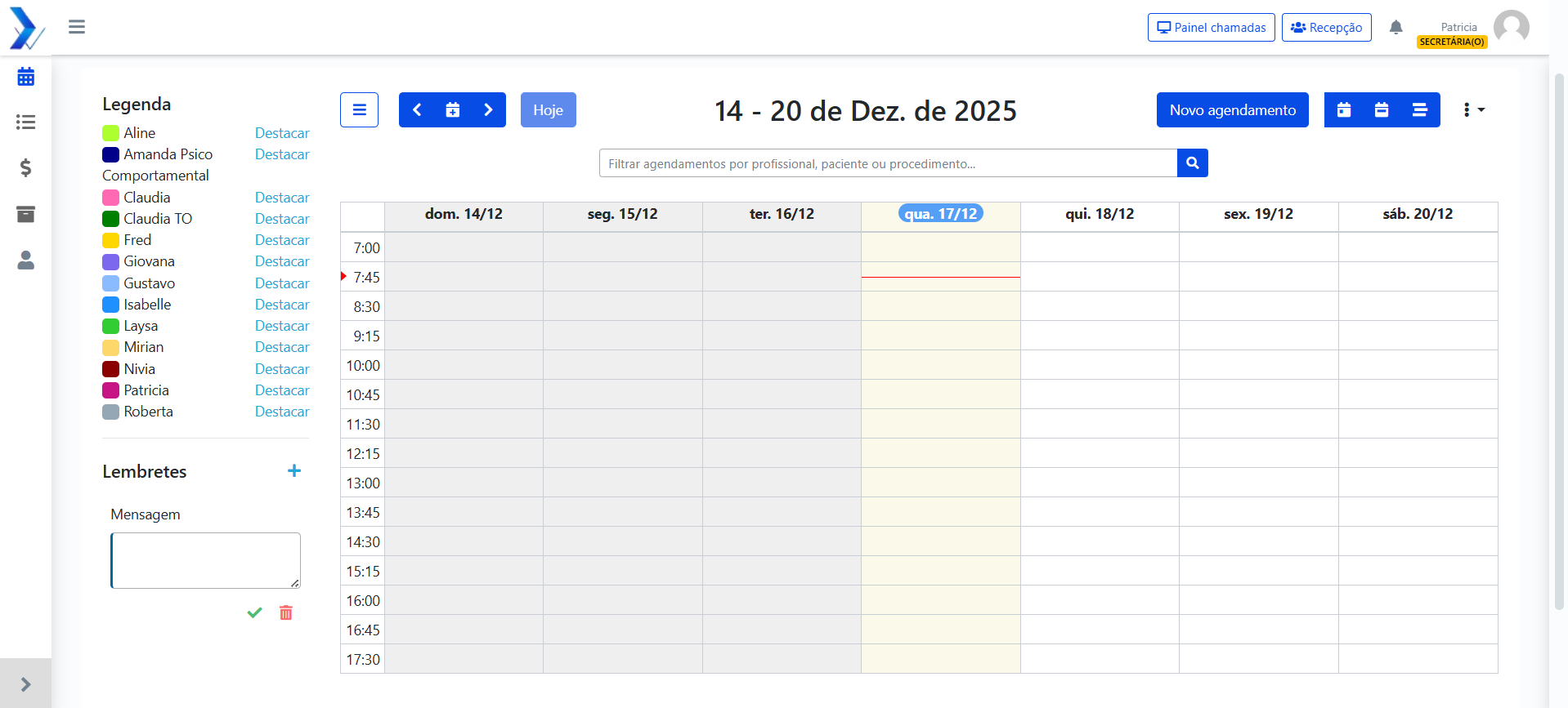 Tela de controle de agenda médica com consultas agendadas